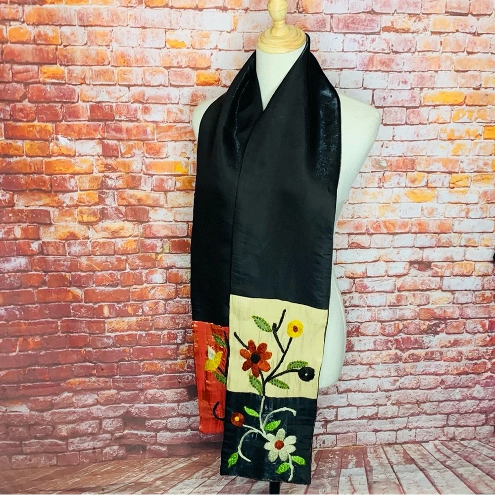 Chocolate Brown Satin Floral Embroidered Scarf
